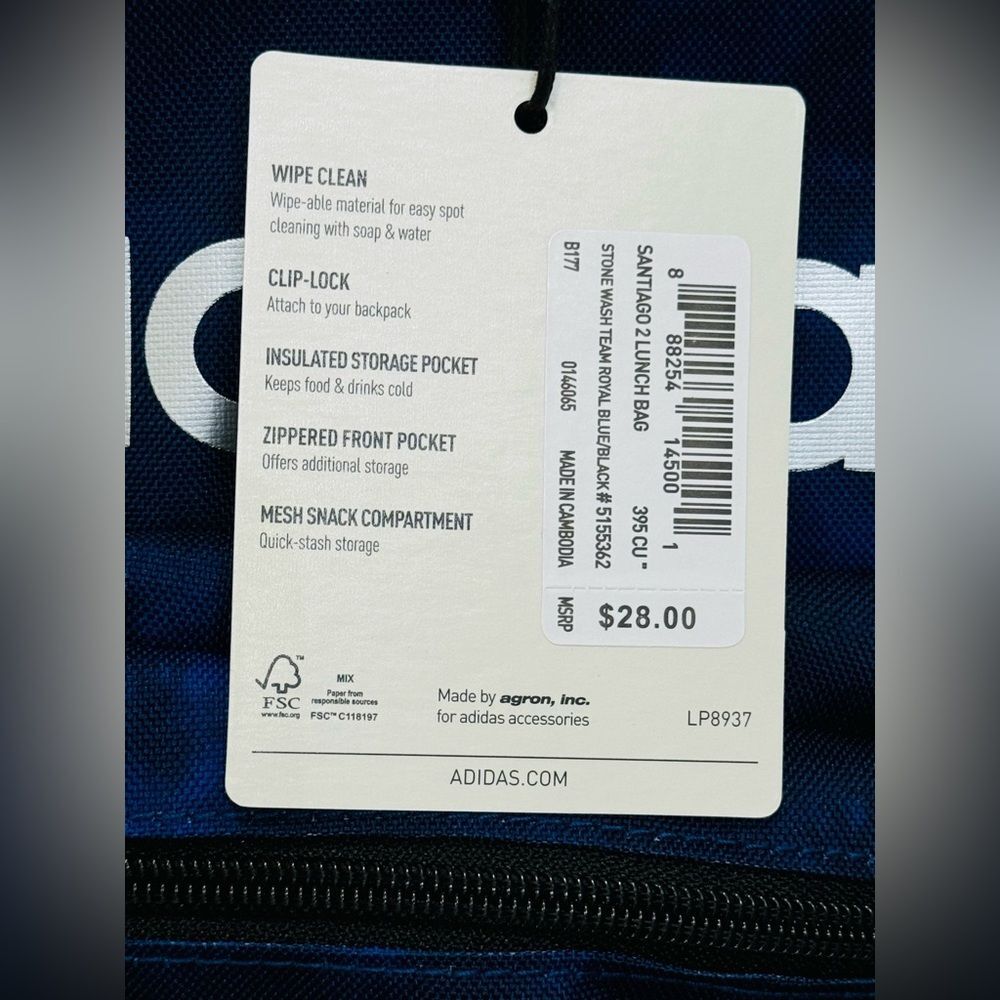 NWT Adidas Santiago 2 Insulated Lunch Bag Stone Wash Team Royal Blue/Black - Picture 8 of 8